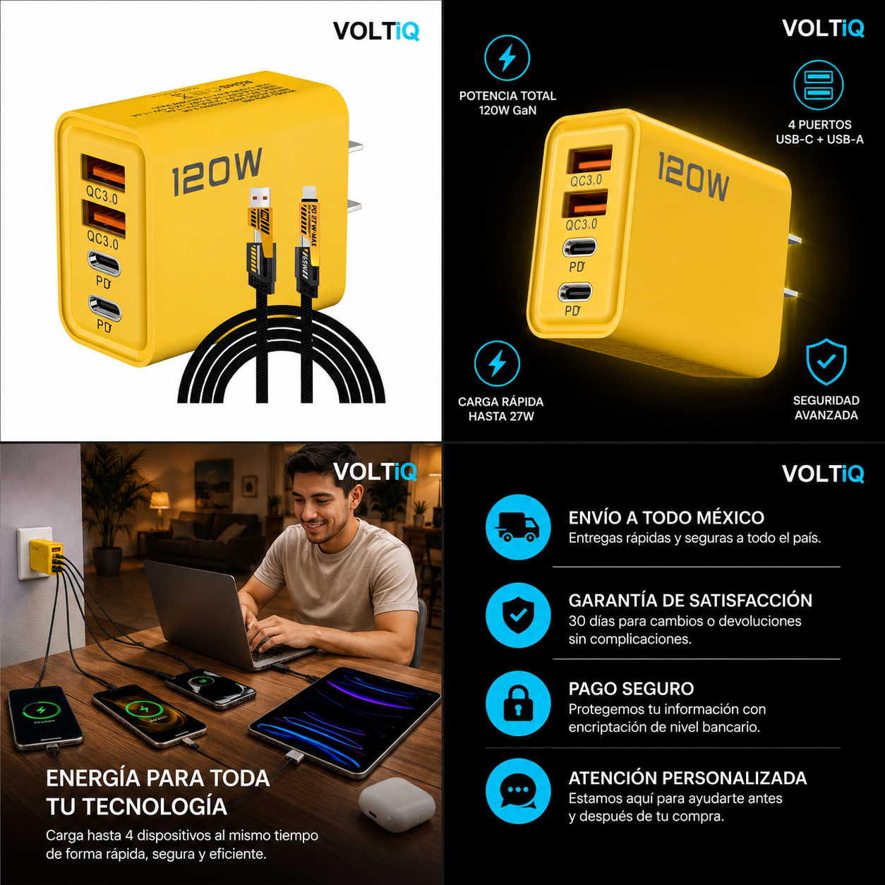 VOLTIQ PowerCharge 120 — Cargador Rápido GaN 120W con Cable 4 en 1