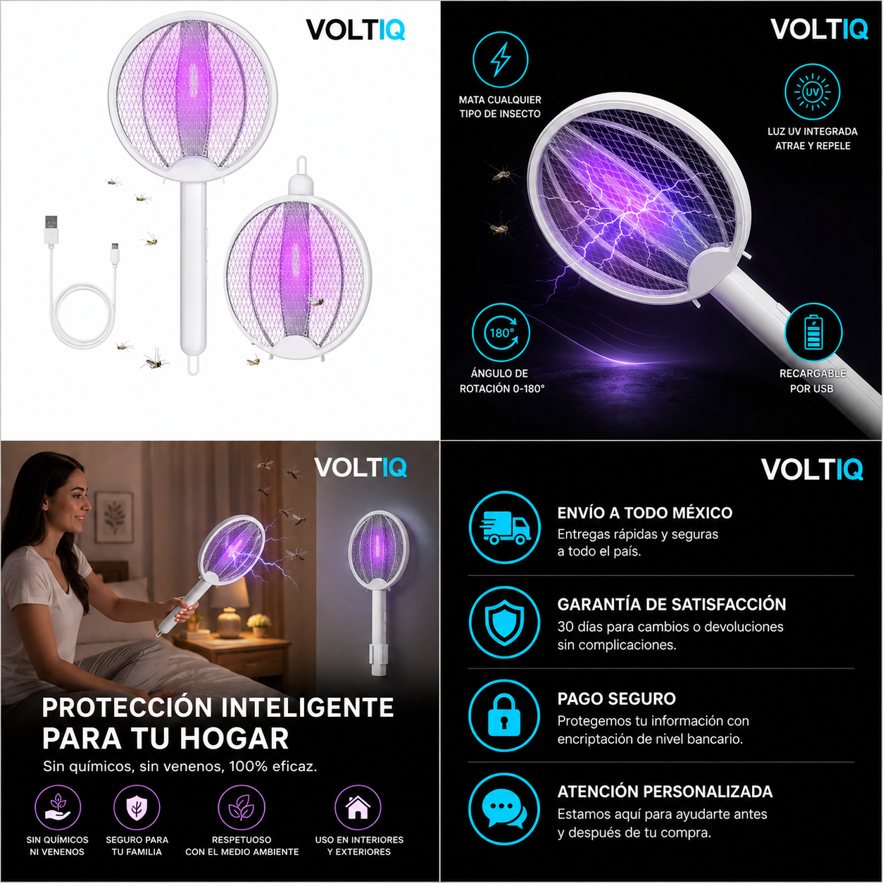 VOLTIQ ZapRacket — Raqueta Eléctrica Mata Mosquitos Recargable USB con Luz UV y Base de Soporte